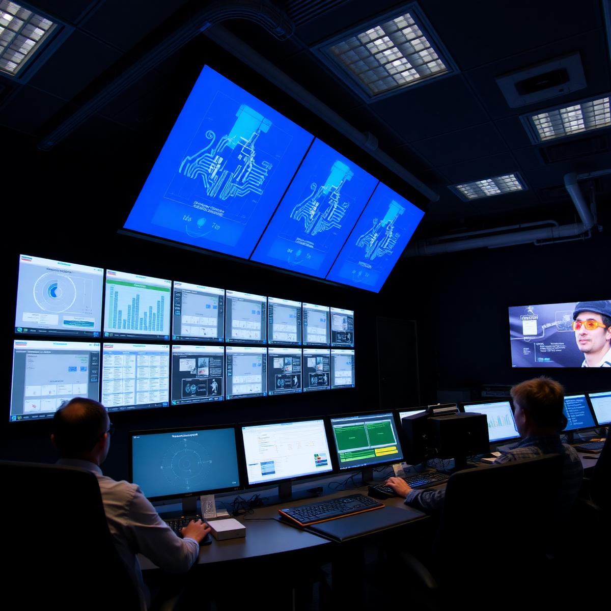 Industrial control room with live operations dashboards